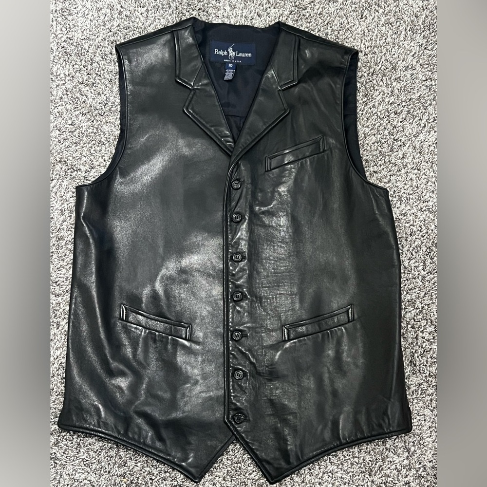 Ralph Lauren Black Leather Button-Front Vest